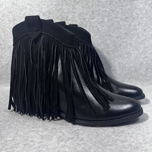 Black Fringe Ankle Boots Womens Size 8 Western Cowgirl Suede Pull On Booties